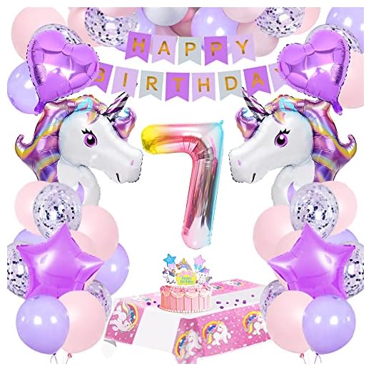 Unicornio Decoración Cumpleaños 7 Años,Globo de Unicornio Globos Fiesta Decoracion Cumpleaños Niña con Globo rosa,Cake Topper,Banner Feliz Cumpleaño,Mantel de unicornio para decoración de cumpleaños