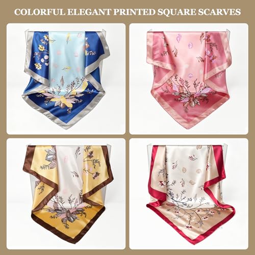 Image of DRESHOW 35 inch Large Square Satin Head Scarf - 4Pcs Silk Accessories Classic Patterned Squares Beach Bandanas for Women