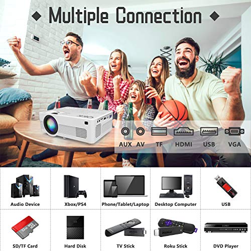 QKK Upgraded 4500Lumens WiFi Projector, Full HD 1080P Supported Mini Projector [Tripod Included], Synchronize Smartphone Screen by WiFi/USB Cable, Phone/HDMI/AV/USB/TF/Sound Bar/TV Stick Supported