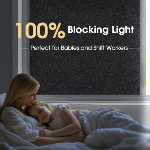 Image of Coavas Blackout Window Film, 100% Light Blocking Privacy Window Film, No Glue Static Cling, Heat & UV Blocking, Removable Room Darkening Window Cover, Renter Friendly for Bedroom, 35.4x157.5Inch,Black