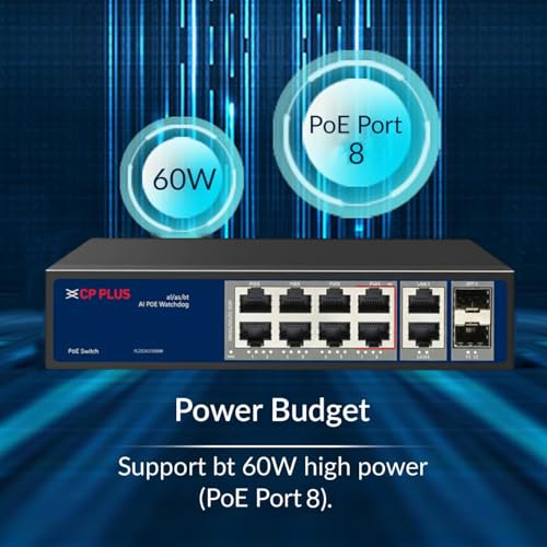 Image of CP Plus AI PoE Switch | 8 Gigabit PoE Ports + 2 Gigabit Uplink Ports + 2 SFP Slots | 120 W PoE Budget | H /W IP65 Outdoor | AI Watchdog & 6 kV Surge Protection [CP-ANW-GPU8G2F2-N12]