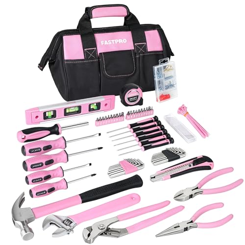 Image of FASTPRO 215-Piece Pink Tool Set, Home Repairing Tool Set with 12-Inch Wide Mouth Open Storage Bag, Household Hand Tool Kit, Pink