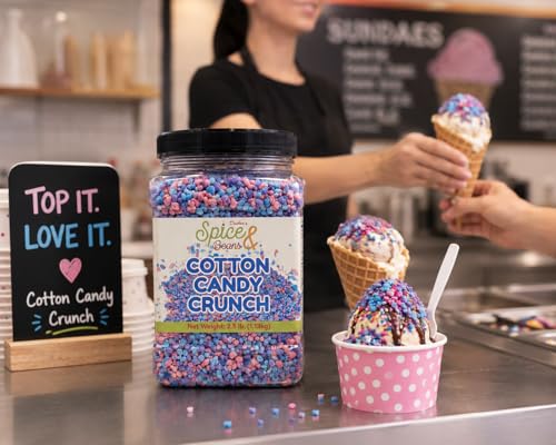 Image of Cotton Candy Crunch 2.5 lb | Dessert Topping & Decoration for Ice Cream, Sundaes, Cakes, Cupcakes, Milkshakes & Frozen Yogurt | Bulk Reusable Bottle | Dasher's Spice & Beans