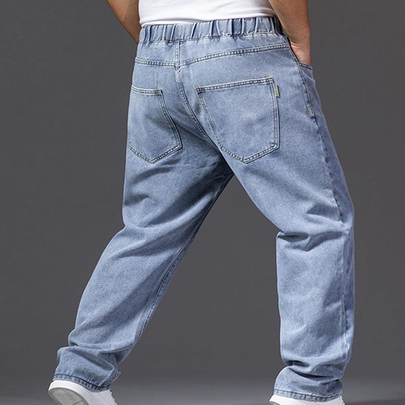 Seniors Mens Pull On Denim Jeans with Elastic Waist, Mens Casual Solid Drawstring Baggy Straight Leg Jean Sweatpants4