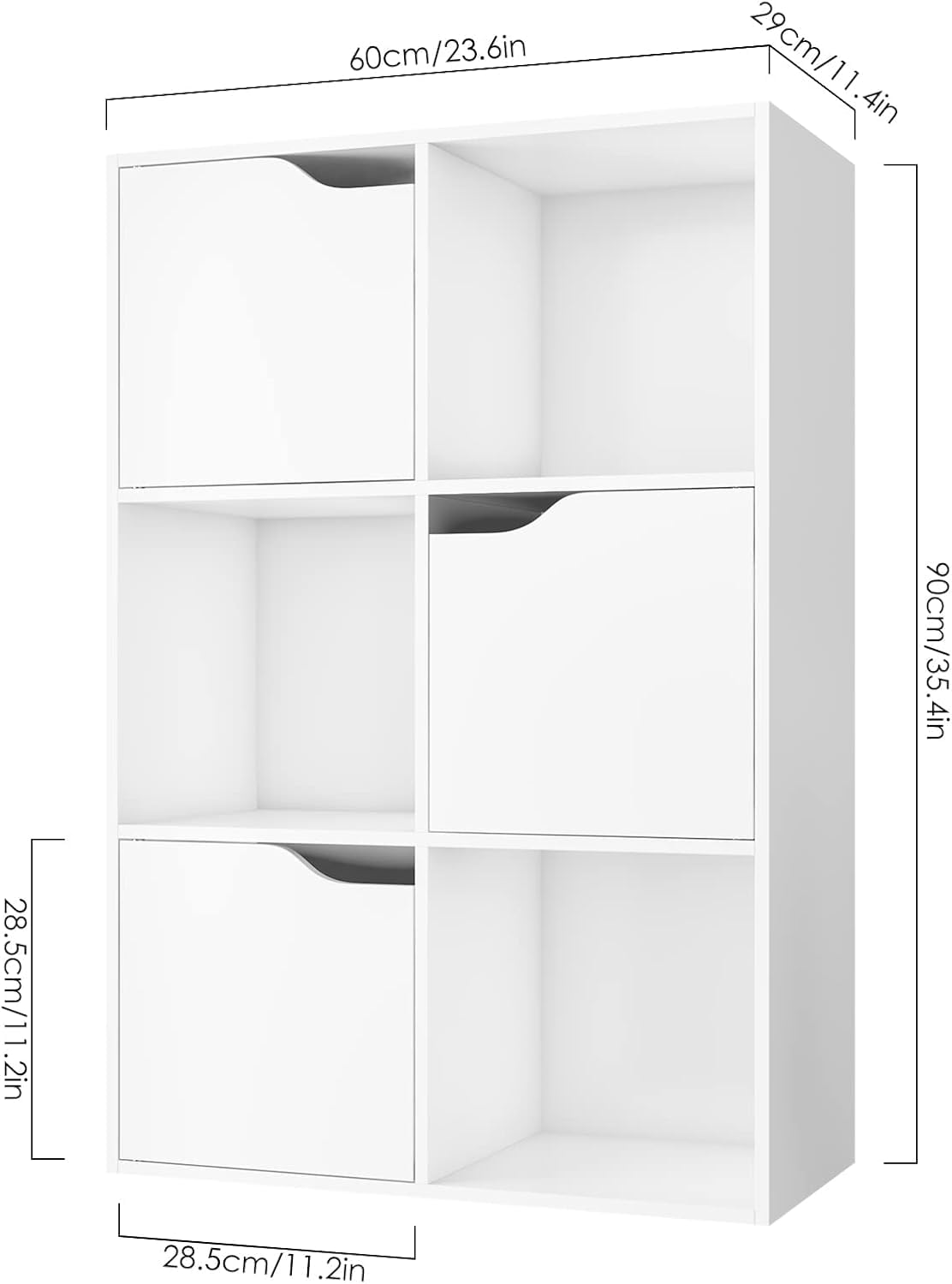 FirFurd Libreria Bianca con 6 Cubi e 3 Porte, Libreria Armadietto 3 Ripiani | Libreria a Cubi｜Scaffale Portaoggetti per Libri｜Mobiletto Multiuso Salvaspazio｜per Casa,Soggiorno,Ufficio｜60x90x29cm｜Bianco