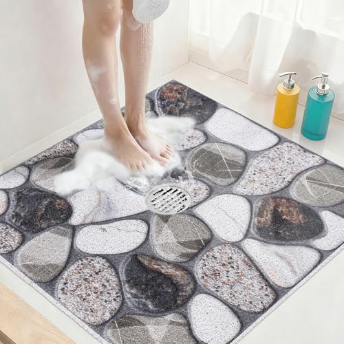 Image of Square Shower Mat Non Slip: 27x27 Inch Extra Large Shower Mats with Drain Hole in Middle -Anti Slip Shower Mats for Inside Shower -Loofah Shower Floor Mat Bath Mat for Shower Stall Bathtub Elderly