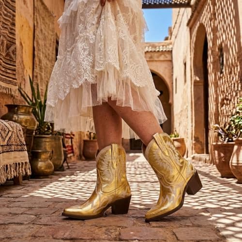 Image of HOCHFART Western Boots for Women Metallic Embroidered Pointed Toe Cowgirl Boots Chunky Heel Pull-On Short Cowboy Boots Wide Calf Country Ankle Boots