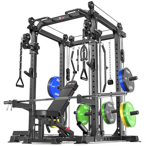Power Rack Power Cage Multi-Function Squat Rack with Cable Crossover System Selectable More Training Attachment Power Rack for Garage & Home Gym (Black, F set L02+Weight Bench+（pole+Color BP）258LBS)