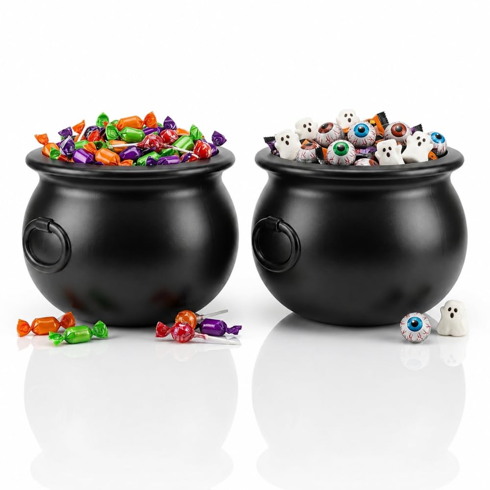 PMU 2 Pcs Halloween Cauldron - 12" Witch Plastic Cauldron Bowl Black, for Halloween Decor
