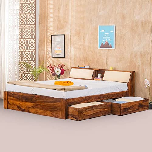 Image of Sheesham Wood Queen Size Bed with Headboard and 4 Drawer Storage | Wooden Double Bed Cot Palang Furniture for Bedroom Living Room Home - Honey Finish (1 Year Warranty)