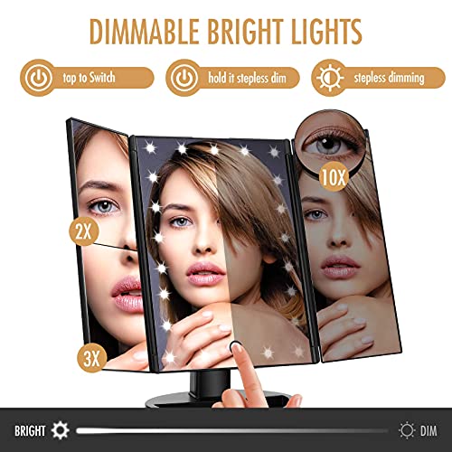 FASCINATE Trifold Led Lighted Makeup Mirror, 2X/3X/ Magnification