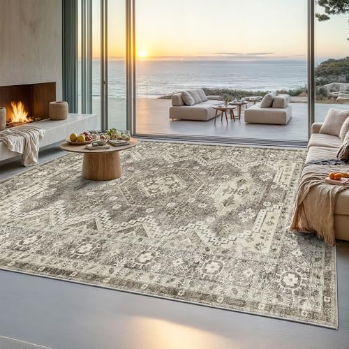 Rugland Area Rug - Stain Resistant Washable Rug, Anti Slip Backing Rugs for Living Room, Vintage Tribal Area Rugs (TPR07-Ivory, 9'x12')