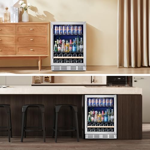 Beverage Fridge 24 Inch Beverage and Wine Cooler Built-in or Freestanding - 120 Cans & 16 Bottles Capacity Wine Refrigerator Cooler on Fridge.com