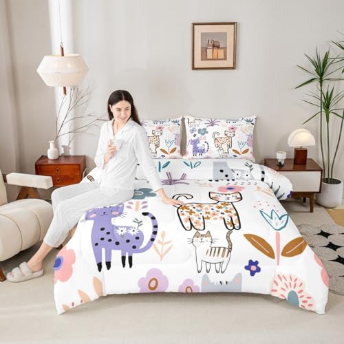 Image of Feelyou Cartoon Cat Comforter Set Full, Cute Kitten Comforter Set Cats and Flowers Comforter for Kids Boys Girls Teens Pet Cats Duvet Set Lightweight Quilt Set
