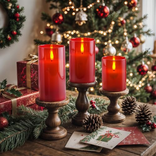 Image of Homemory Red Glass Flameless Candles, Battery Operated LED Pillar Candles with Remote Control and Timer, Radiance Candles, Real Wax, Set of 3,D3 xH4 5 inch 6 inch