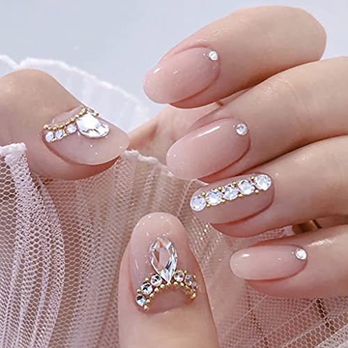 RikView Press on Nails Pink Short Fake Nails with Rhinestones Glitter Fake Nails Press on Luxury Press on Nails