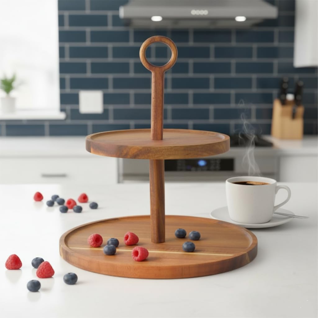 Deconox Doğal Akasya Ağacından Ahşap 2 Katlı Kurabiyelik ve Servis Tabağı | Sunum Standı | Çap: 18 cm, Yükseklik: 25 cm | Doğal ve Şık