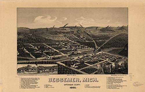 16" x 24" 1886 Bird's Eye View of Bessemer Michigan Ontonagon County