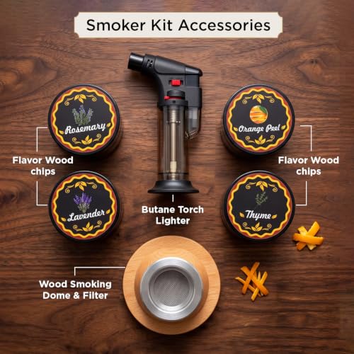 Image of Cocktail Smoker Kit by Perch with Torch | Whiskey & Bourbon Smoke Infuser with 4 Flavor Wood Chips & Smoke Filter | Old Fashioned Cocktail Smoker | Bar Accessories & Gift Set for Men