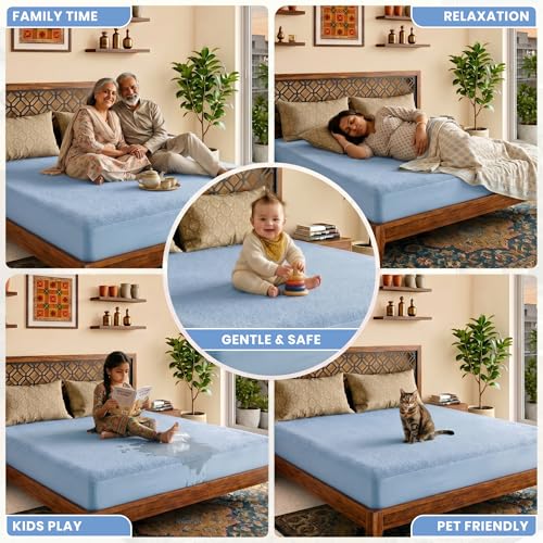 Image of Lithara Terry Cotton Fitted Mattress Protector for Single Bed | Waterproof & Elastic Band | Ultra Soft & Hypoallergenic Mattress Cover | Size : 36 x 80 Inches (3 x 6.67 Feet) | (Sky Blue)