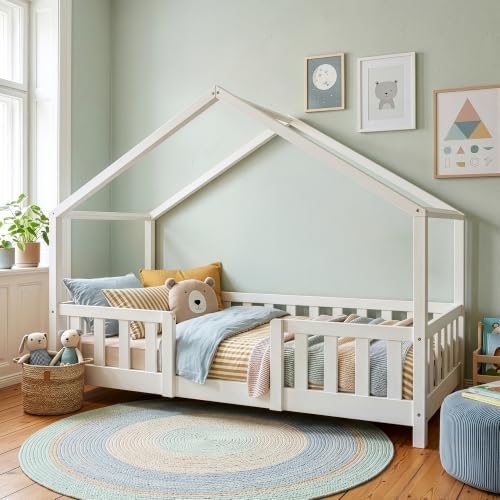[en.casa] Kinderbett Treviolo 80x160 cm Weiß | Hausbett, Montessori, Holzbett für Kinder, Bettgestell mit Lattenrost, Kiefernholz