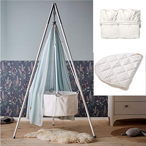 Leander - Juego de cuna (incluye cuna, con trípode, color blanco, velo dusty Blue, 2 sábanas bajeras blancas, 1 cubrecolchón