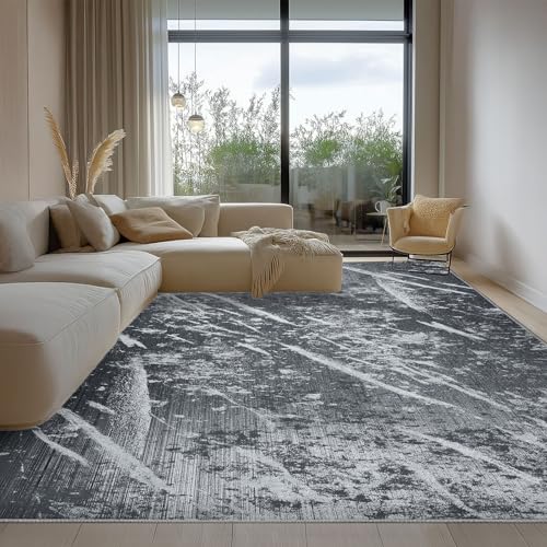 Machine Washable Black Abstract Area Rug - Contemporary Style for Various Rooms - Non-Shedding and Easy to Clean - 9x11.5 ft