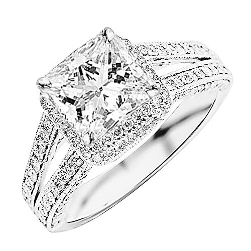 14K White Gold 1.75 Carat LAB GROWN DIAMOND Split Shank Double Row Princess And Halo Pave Set Princess Cut Diamond Engagement Ring (G-H Color VS2-SI1 Clarity 1 Ct Center)