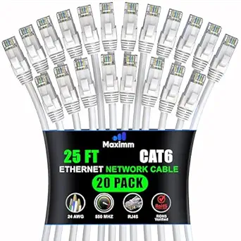 Maximm Cat 6 Ethernet Cable 25 ft (20-Pack) - High-Speed LAN Cable, Internet Cable, Patch Cable, and Network Cable - UTP, 10Gbps, 550MHz Ethernet Cord - White