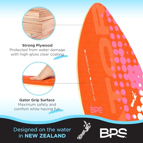 Image of BPS 'Gator' 30 Inch No Wax Needed Skim Board - Epoxy Coated Wood Skimboard with EVA Pads - Skim Board for Beginner to Advanced (Orange with White Accent)