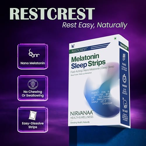 Image of Nirvanaa RESTCREST Melatonin Sleep Strips 5mg | 60 Orally Dissolving Strips | Fast Absorbing | Non-Habit Forming | Natural Sleep Aid | Promotes Deep Sleep | Eases Jet Lag | Sugar-Free | Mint Flavour