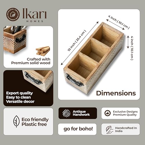 Image of Ikari Homes Wooden Cutlery Holder With Antique Carving Geometric Pattern I Cutlery Stand For Spoon /Fork /Tissues I Premium Cutlery Stand For Dining Table I 10 In X 4 In X 4 In With Handles, Brown