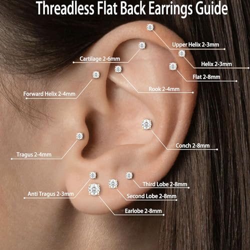 Threadless Flat Back Earrings, Hypoallergenic 14K Real Gold Plated CZ Stud Earrings | Cartilage Earring | Tragus Helix Piercing Jewelry | Push in Flatback Earrings for Women Men2