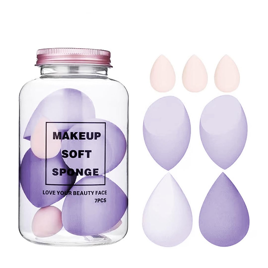 Gleva Powder Puff Soft Face Makeup Sponge, Loose powder Foundation Blending Sponges Set, Beauty Blender, Contouring, Wedge Triangle Shape Wet & Dry Tool Washable Reusable (Purple-7Pcs)
