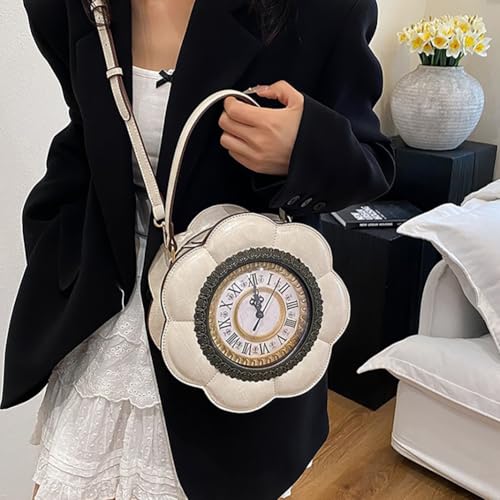 Unique Flower Shaped Clock Handbag with Roman Numerals, PU Leather Top Handle Purse, Novelty Fashion Round Watch Shoulder Bag4