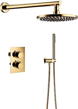 Thermostatic Shower System Titanium Gold Round Rainfall Shower Head System with Handheld Combo Set, Wall Mounted Shower Faucet Set Complete with Brass Valve,12 inch A 16 tum