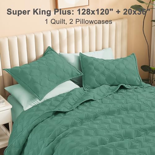 Image of Litanika Oversized King Quilt Bedding Set, 128x120 Inch Super King Haze Green Comforter Bedspreads Lightweight Bed Coverlets Boho Bedding Cover Decor All Season,3 Pieces (1 Quilt, 2 Pillowcases)
