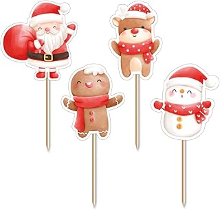 Anniversary House 12pcs Christmas Cupcake Toppers - Santa, Snowman, Reindeer, Gingerbread Design - Double-Sided Festive Cake Decorations with Bamboo Picks - Xmas Party Baking Decor Kit