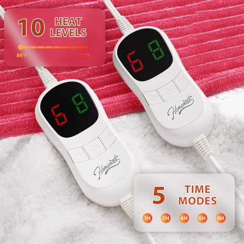 Image of Homemate Electric Heated Blanket Queen Size - 84 inchx90 inch Heating Blanket Queen Size Dual Control 1 /2 /4 /6 /8 Hours Auto-Off 10 Heat Level Over-Heat Protection Soft Flannel Sherpa ETL Certification