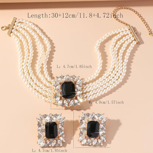 Missgrace Vintage Boho 1920s Faux Pearl Necklace Earring Set Bride Faux Pearl Rhinestone Necklace Earring for Prom Bar Party Wedding4