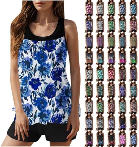 Womens 2 Piece Tankini Bathing Suits Fashion Tummy Control Floral Printed Swimsuits with Boyshorts Swimwear