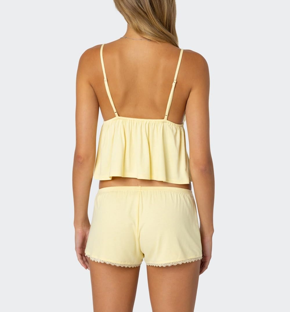 Juakoso Women Lace Trim Pajamas 2 Piece Sleep Set Sleeveless V Neck Cami Top and Shorts Pj Set Y2k Matching Lounge Sleepwear - Image 6