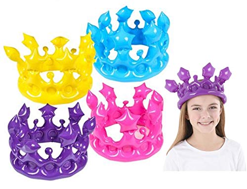 Zugar Land Colorful Inflatable Crowns (4 Pack - One of Each Color) for Kids or Small Adults. Be a Princess, Queen, King