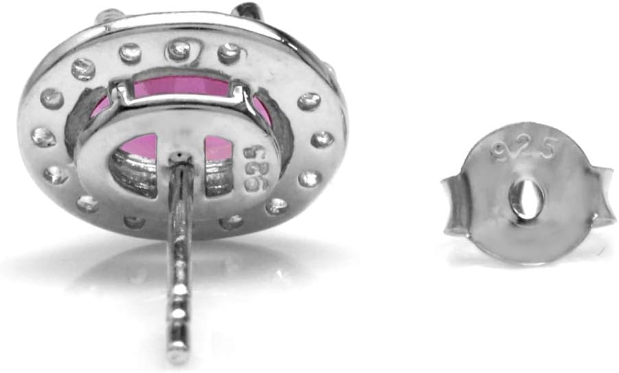Silvershake Created 1.8 Ctw Oval 7x5 mm Pink Tourmaline 925 Sterling Silver Halo Stud Earrings