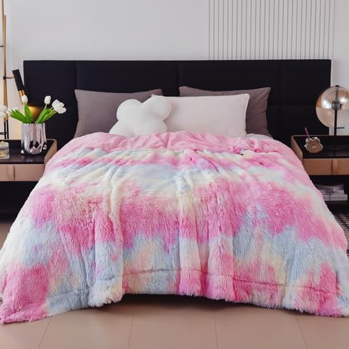 GONAAP Fuzzy Faux Fur Throw Blanket Queen Size Tie-dye Rainbow Super Soft Cozy Plush Fuzzy Shaggy Blanket for Couch Sofa Bed (Tie-dye Rainbow, Queen(90"x90"))