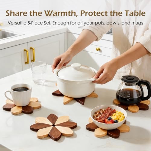 Sunflower Wooden Trivets for Hot Dishes, 5-Piece Housewarming Gift - Image 2