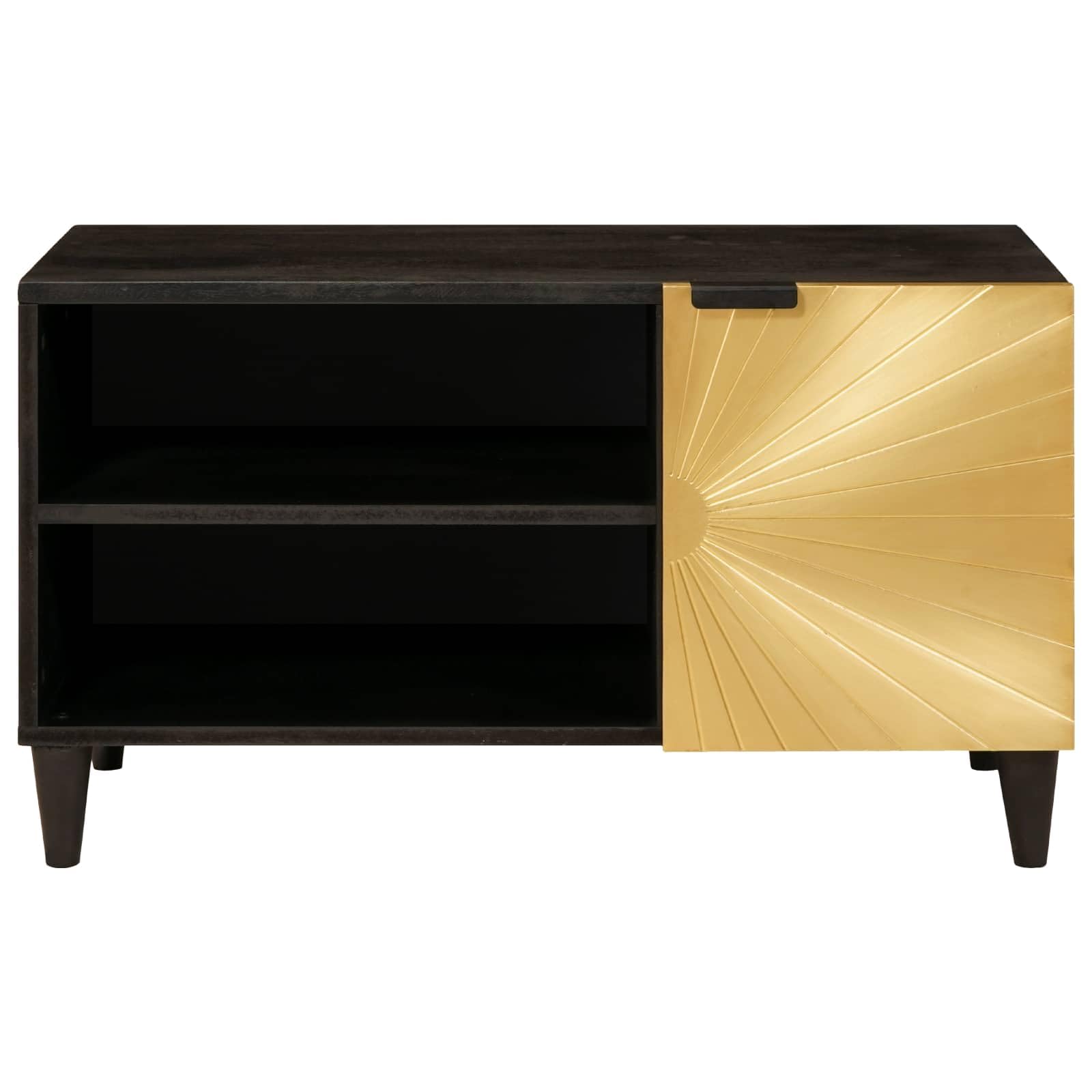 Szafka pod telewizor, czarno-złota, materiał drewnopochodny, 80 x 33 x 46 cm, z miejscem do przechowywania i półkami, nowoczesna szafka do salonu, kino domowe z drzwiami i półką, elegancki