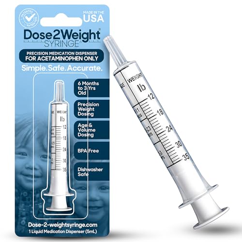 DOSE-2-WEIGHT 5mL Oral Syringe Precision Dosing Dispenser for Infants Acetaminophen (160mg/mL) for Children Under 3 Yrs Old Patented Made in America