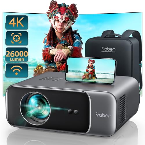 Beamer, [Autofokus/Trapezkorrektur] Beamer Heimkino, 1080P Full HD Beamer Unterstüt 4K Video mit WiFi6 Bluetooth, YABER 26000 Lumen Tragbare Projektor Outdoor 300' Display, für Smartphone/TV Stick/PS5