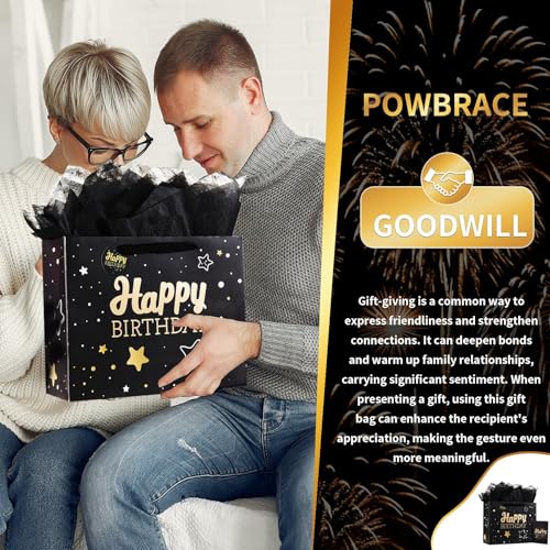 Image of 13 inch Black Happy Birthday Gift Bag with Tissue Paper and Greeting Card for Party,Happy Birthday Gift Bag for Men Women,Gift Bags Medium size(5 PCS Black Hot Stamping)